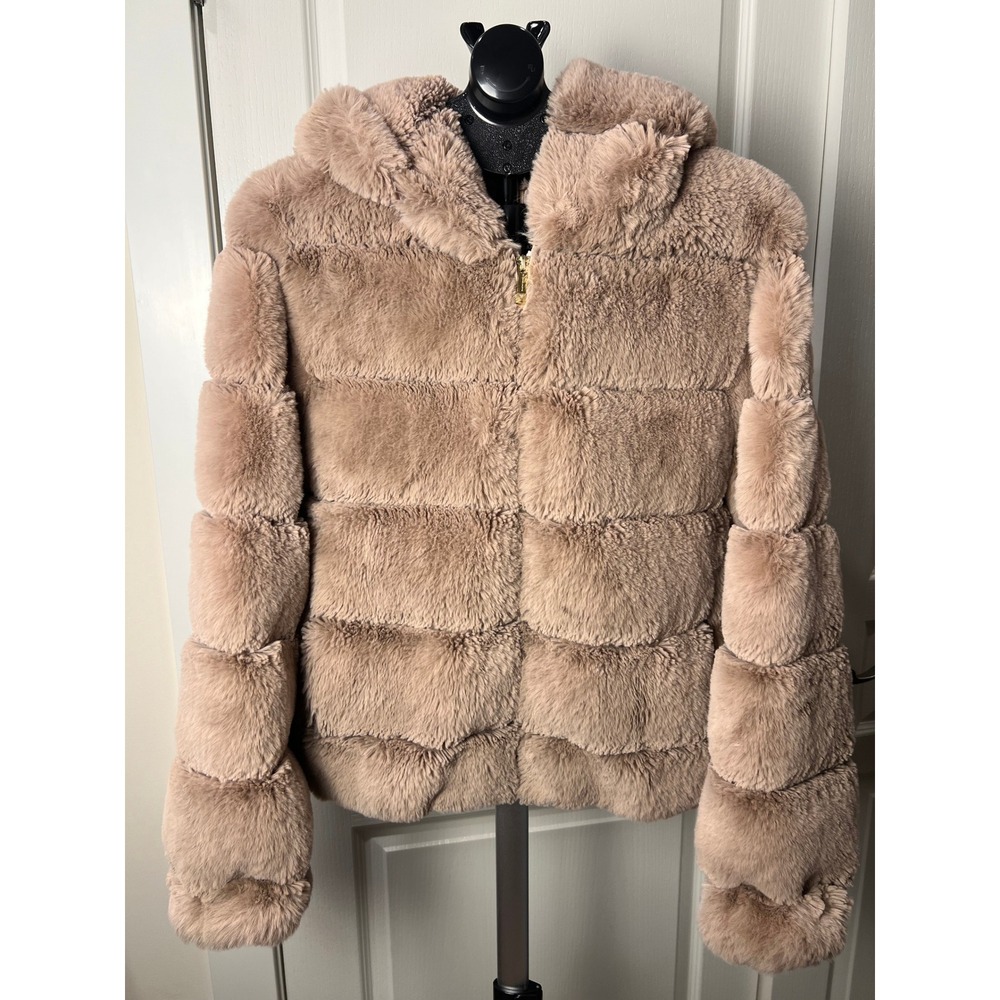 BCBGMAXAZRIA Faux Fur Coat Y2K Mob Wife McBling Plush Blush Taupe Statement